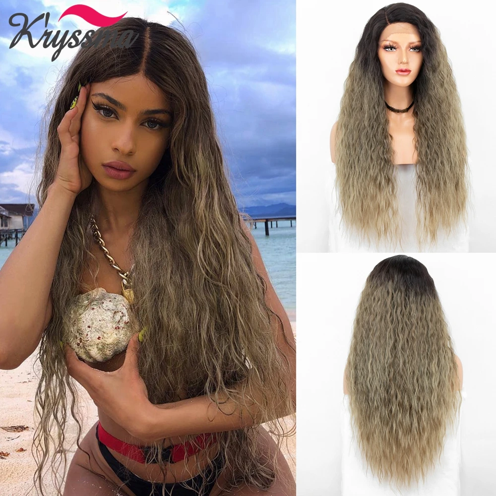 Kryssma Blonde Synthetic Lace Front Wig Long Curly Lace Wigs for Women Glueless Side Part Heat Resisatnt Cosplay Party Wig