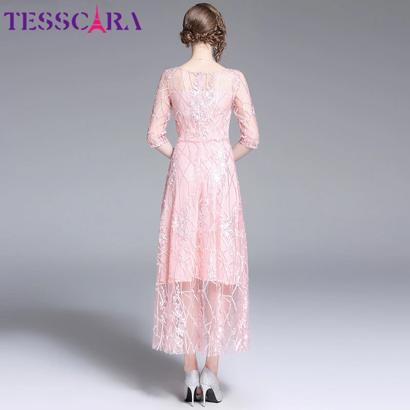 Женское длинное розовое Сетчатое платье TESSCARA с вышивкой женское высокого