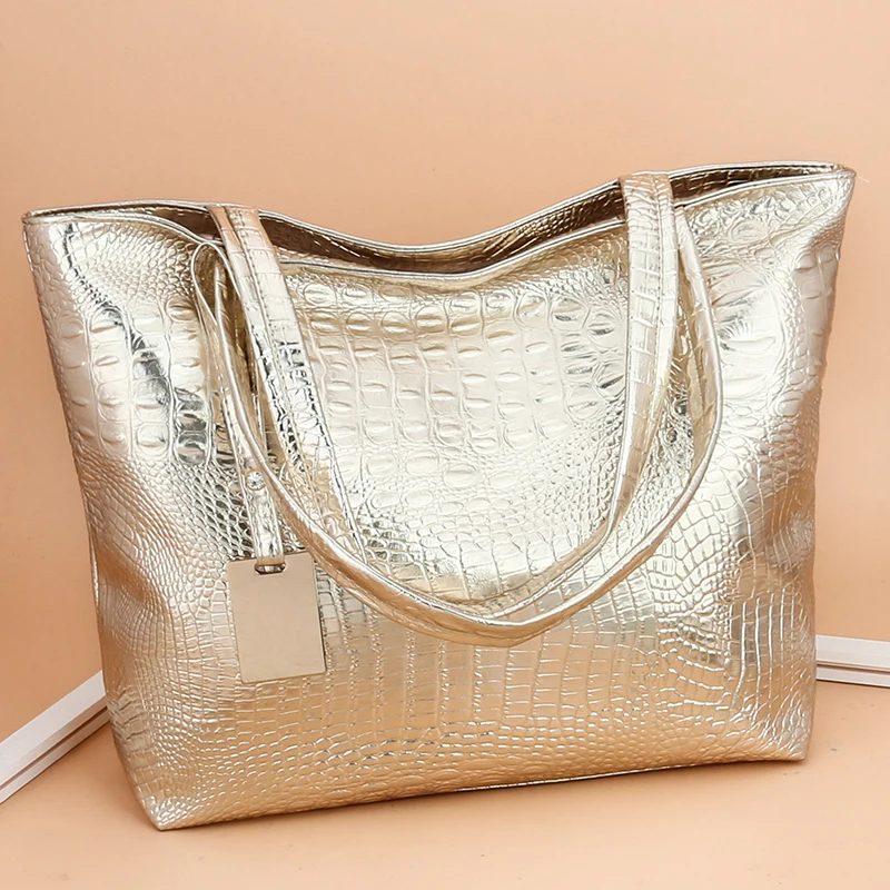 

Large Capacity Gold Crocodile Pattern Totes PU Leather Shoulder Bag Silver Shopping HandBag Bolsas Sac A Main Mujer 2021