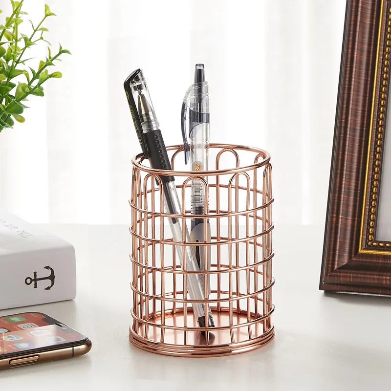 

Office Home Storage Accessories Nordic Iron Rose Gold Round Pencil Box Desk Organizer Stationery Pen Holder
