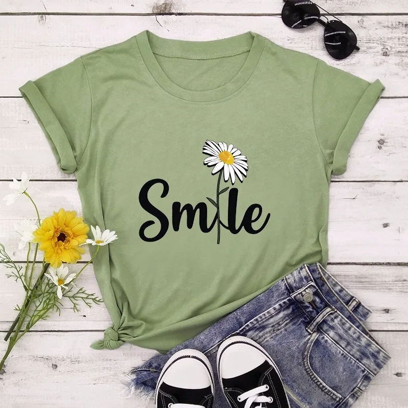 

Summer clothes women T-Shirt Plus Size Cute Flower Smile Letter Print Female Short Sleeve Tshirts Casual Fashion Tops Tees