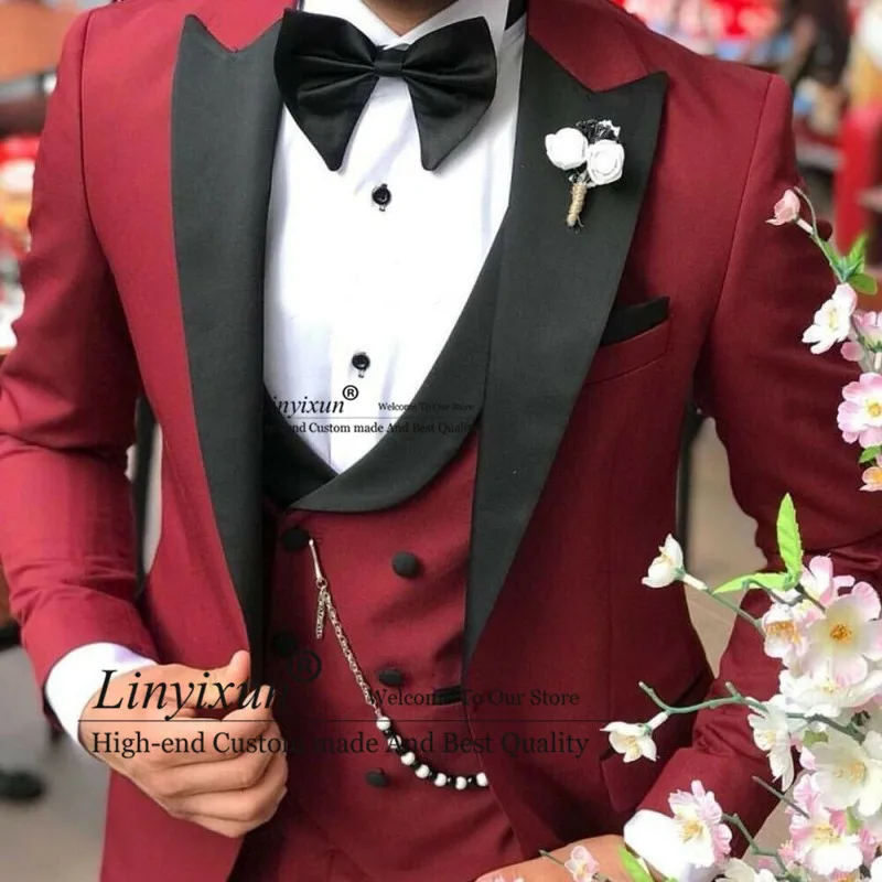 

2020 New Style Wine Red Men Suits For Wedding Slim Fit Tuxedo Groom Best Man Party Prom Blazer Black Lapel Costume Homme Mariage