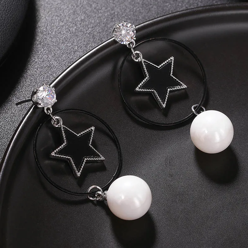 Корейские циркониевые серьги черные геометрические круглые висячие в виде