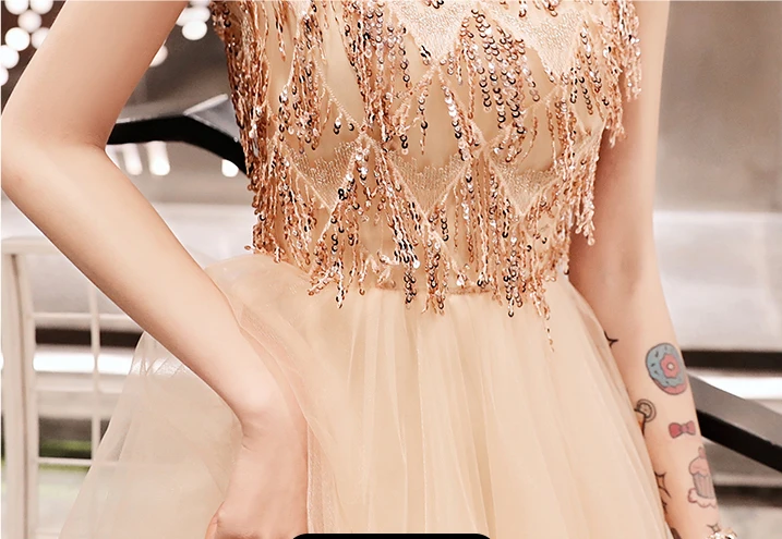 

Champagne Gold Womens V-Neck Sequin Party Dress Sexy Evening Banquet Elegant Prom Sleeveless Mesh Short Ball Gown Vestido XS-3XL