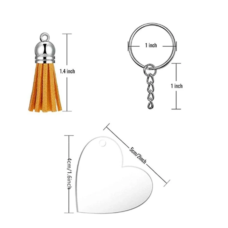 

90Pcs Acrylic Discs Clear Heart Keychain Blanks Charms Colourful Tassel Key Ring