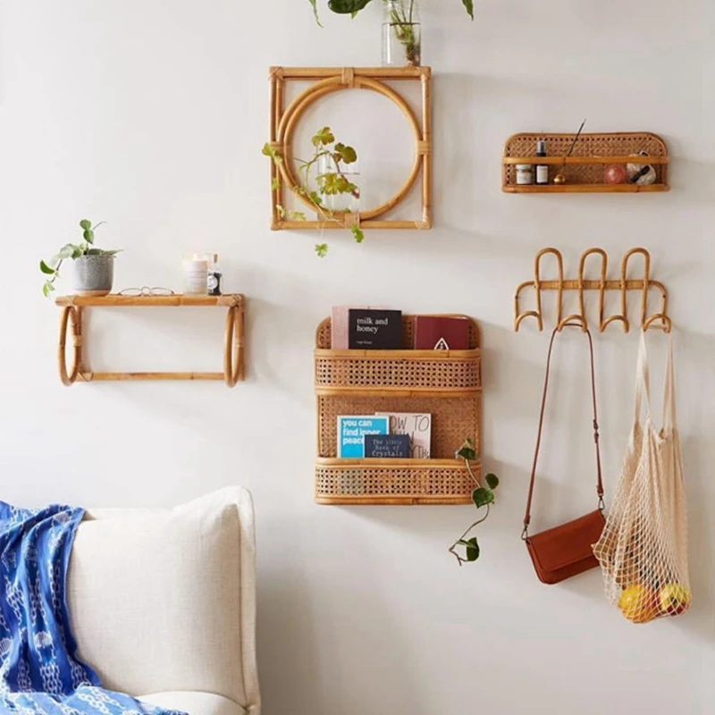 

1x Rattan Wall Hooks Kids Garments Organizer Rack & 1x Creative Handmade Rattan Tissue Box (Khaki Floral Style)