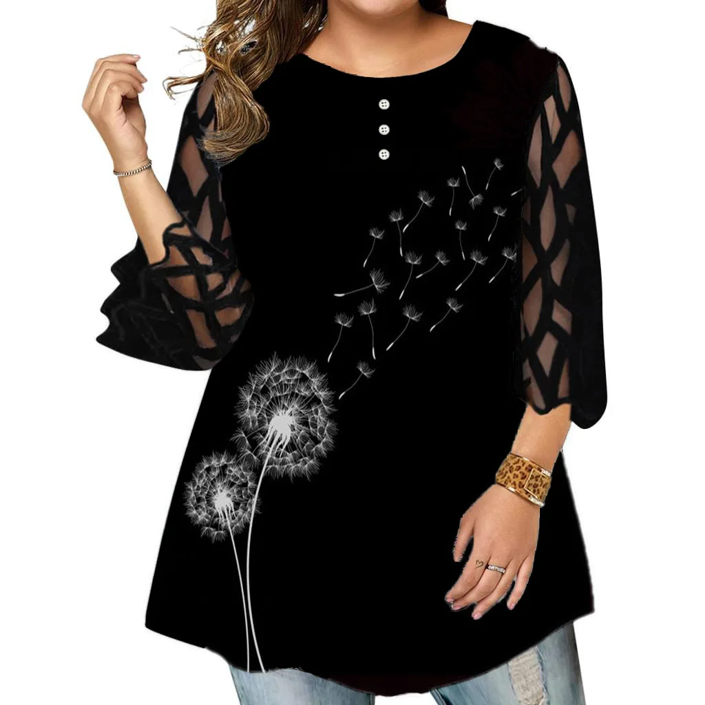 

Plus Size Woman Blouses 2021 Spring Autumn Mesh See Through Sleeve Floral Print Casual Blouse Shirt Plus Size Ladies Tops