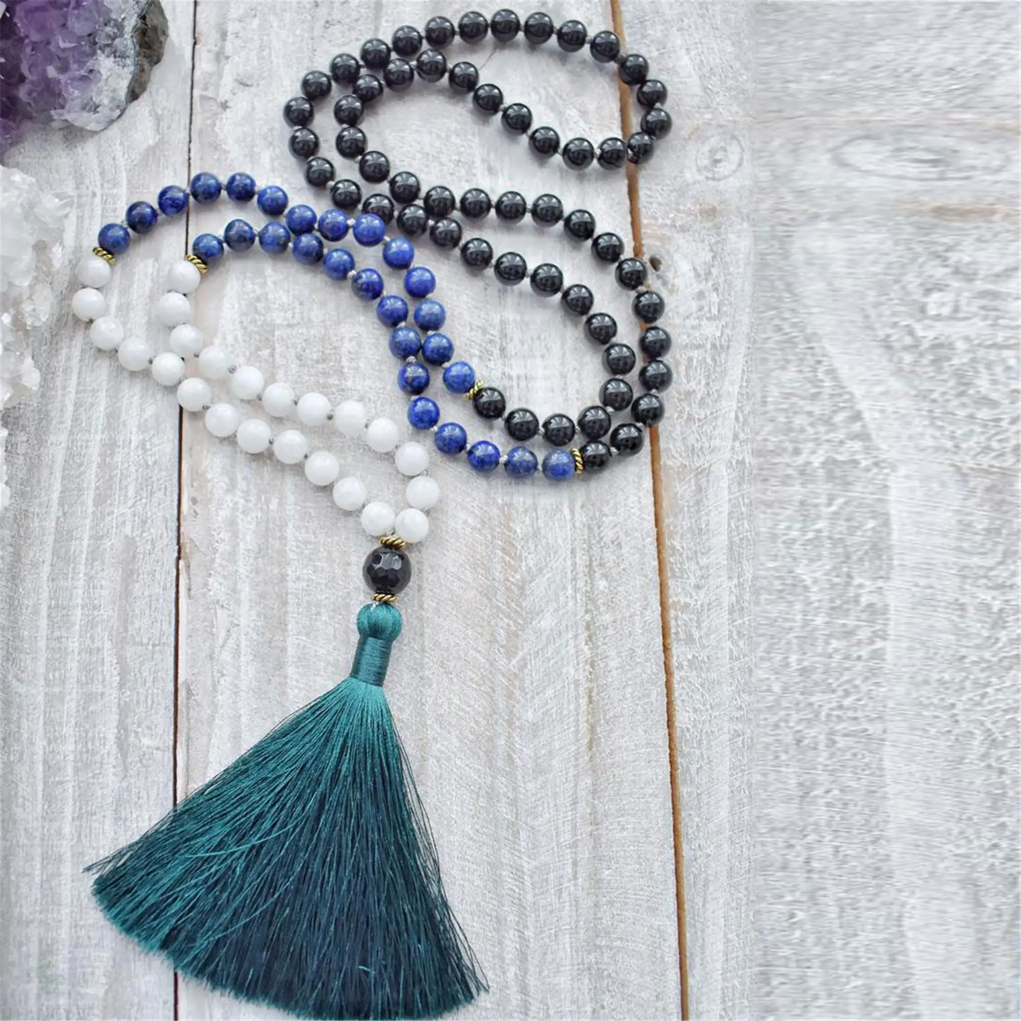 

8mm Lapis Black Onyx Bai Yu Gemstone 108 Beads Mala Necklace Yoga Buddhism Wristband Lucky Cuff Chakra