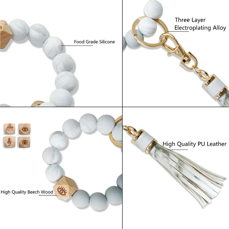 

Natural Wood Eye Charm Bracelet keychain Wristlet Leather Tassel Food Grade Silicone Bead Key Ring Bracelet for Women