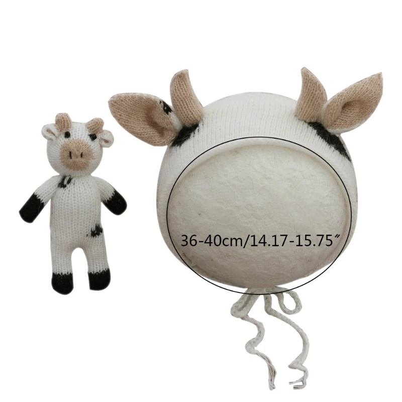 

L5YF 2 Pcs Baby Knitting Cow Hat Animal Doll Set Handmade Crochet Mohair Beanies