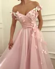 Женское вечернее платье-трапеция, Элегантное Длинное платье из тюля с 3D цветами, открытыми плечами, аппликацией и V-образным вырезом, платье для выпускного вечера