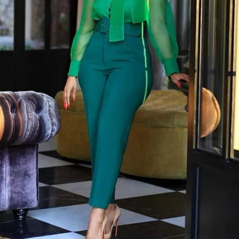 

Women High Waist Pants with Waist Belt Elegant Office Ladies Elagant Fashion Work Female Modest Large Size African New