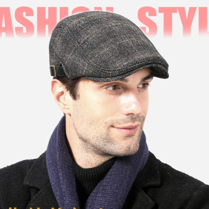 HT3422 Beret Cap High Quality Autumn Winter Hat Vintage Newsboy Ivy Flat Cap Warm Plaid Wool Beret Hat Adjustable Men's Berets
