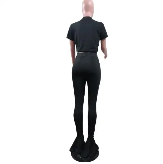 

2020 Sexy Women Club 2 Pieecs Set Streetwear Mesh See Through Patchwork T-shirt Crop Tops High Waist Flared Bell Pants Bottoms