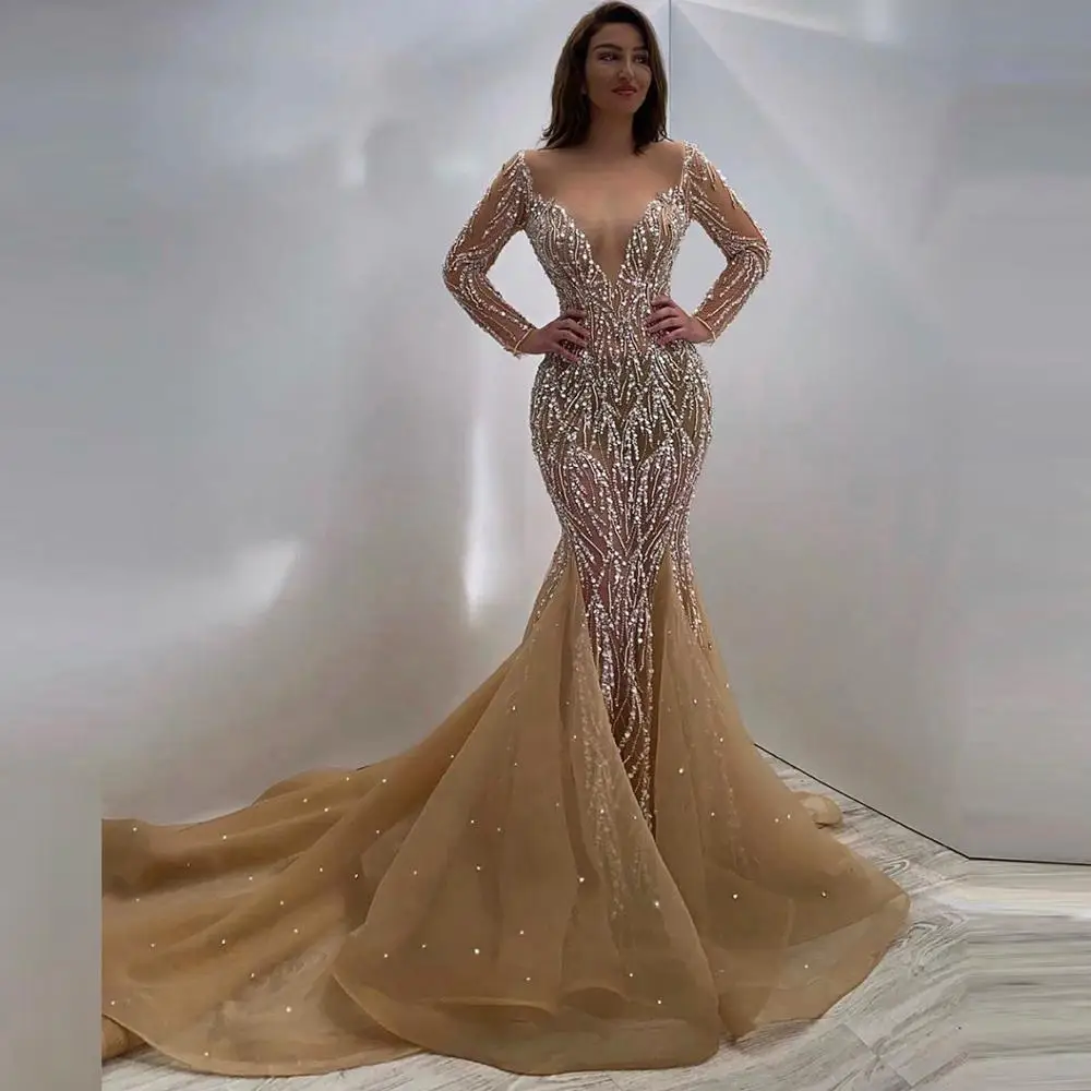 

Sparkling Champagne Crystal Pageant Dresses Long Sleeve Deep V Neck Sexy Sheer Prom Dress Women Beaded Mermaid Evening Dresses