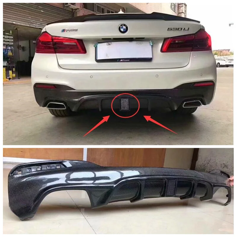 

Real Carbon fiber Rear Trunk Diffuser Bumper Lip Spoiler Cover For For BMW 5 Series G30 G38 2018-2021 (with LED light)