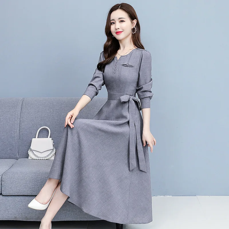 

Early autumn 2021 waist strappy long-sleeved shirt dress temperament fashion slim figure thin cotton linen long dress girl