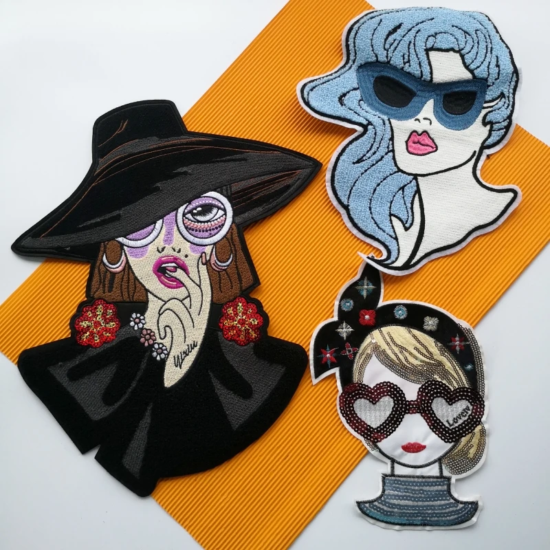 

embroidery big chenille girl patch,large lady charactor badges fashion women sequined appliques patches DX-604