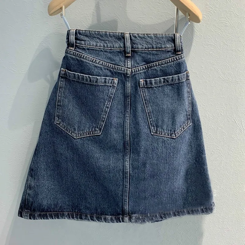 High Quality Denim Skirt Women Design Luxury Diamonds High Waist A-Line Split Skirts Office Ladies Sexy Slim Fit Wrap Mini Skirt