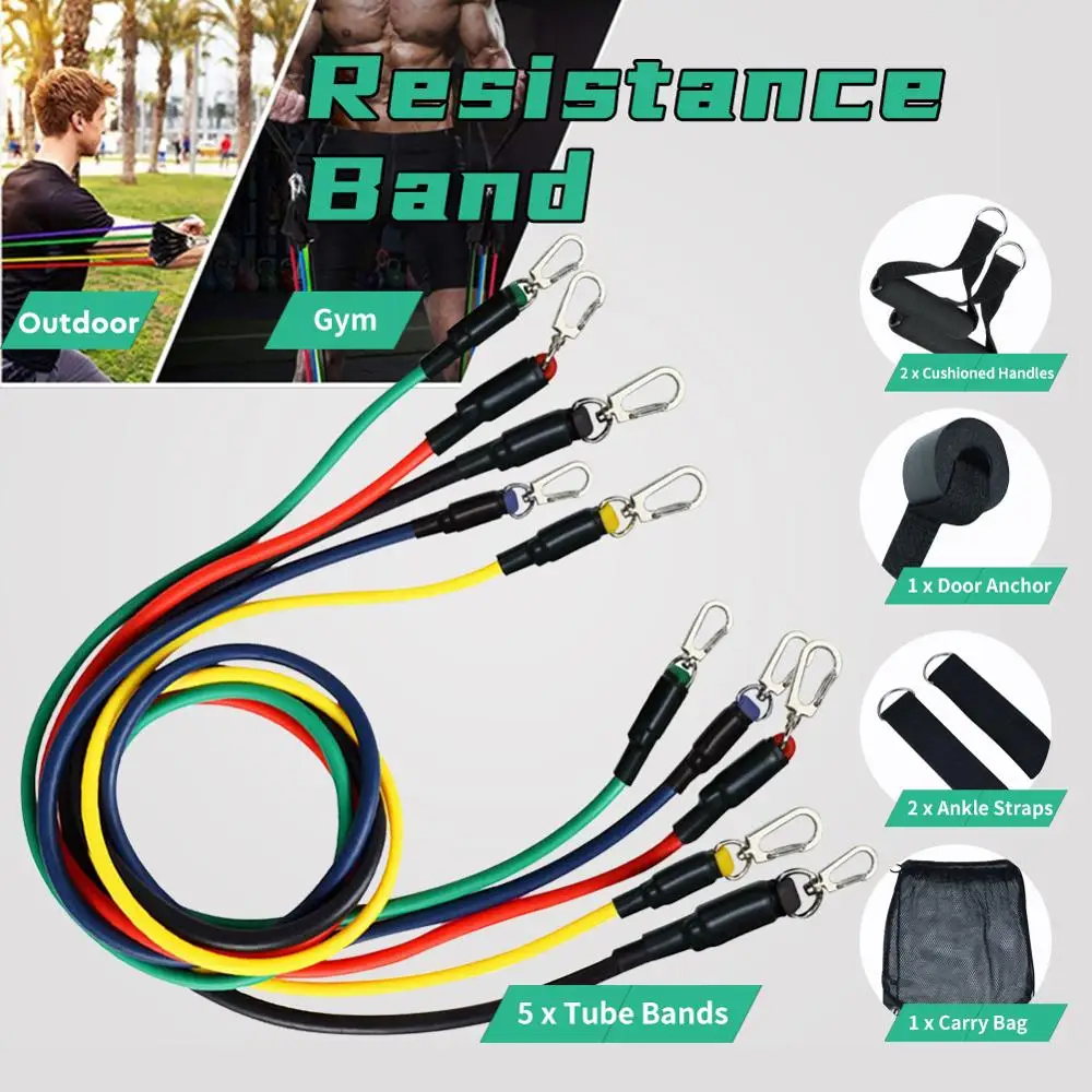 11 Pcs/Set Latex Resistance Bands Crossfit Training Exercise Yoga Tubes Pull Rope Rubber Expander Elastic Fitness with Bag | Дом и сад