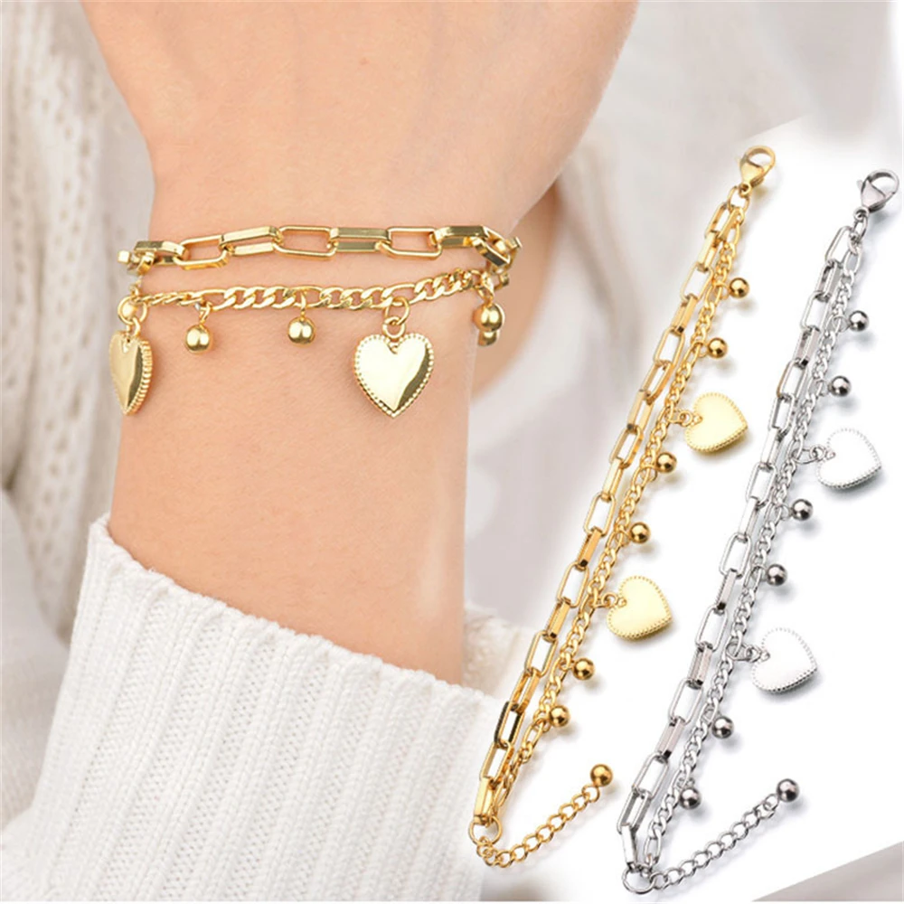 

Ant Angel Double Layered Linked Chain Heart Bracelets for Women 18K Real Gold Metal Beads Charm Bracelet Street Style Jewelry