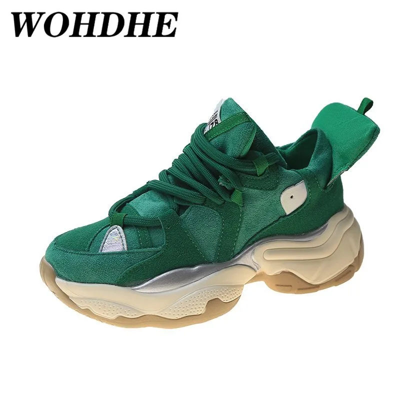 

WOHDHE Chunky Sneakers Women Mesh Leather Mixed Colors Lace-Up Closure Platform Comfy Lady Casual Shoes Chaussure Femme