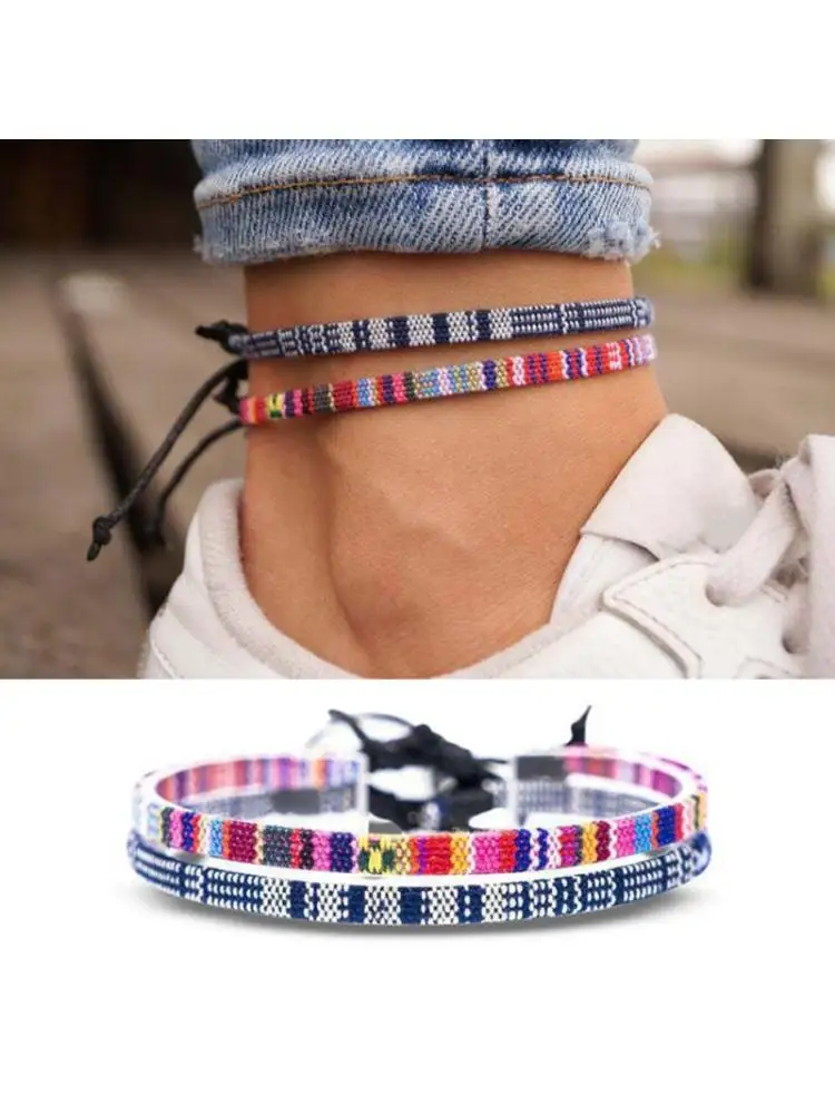 

Handmade Braided Double Layers Rainbow Foot Rope Anklet Surfer Beach Barefoot Ankle Bracelet Chain Foot Strap Jewelry for Men Wo