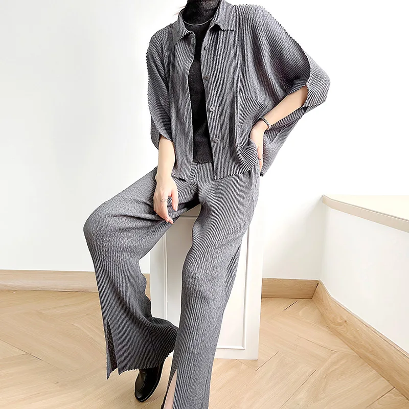 

Miyake designer women's suit fashion autumn and winter fashion pleated loose jacket split straight pants two-piece suit