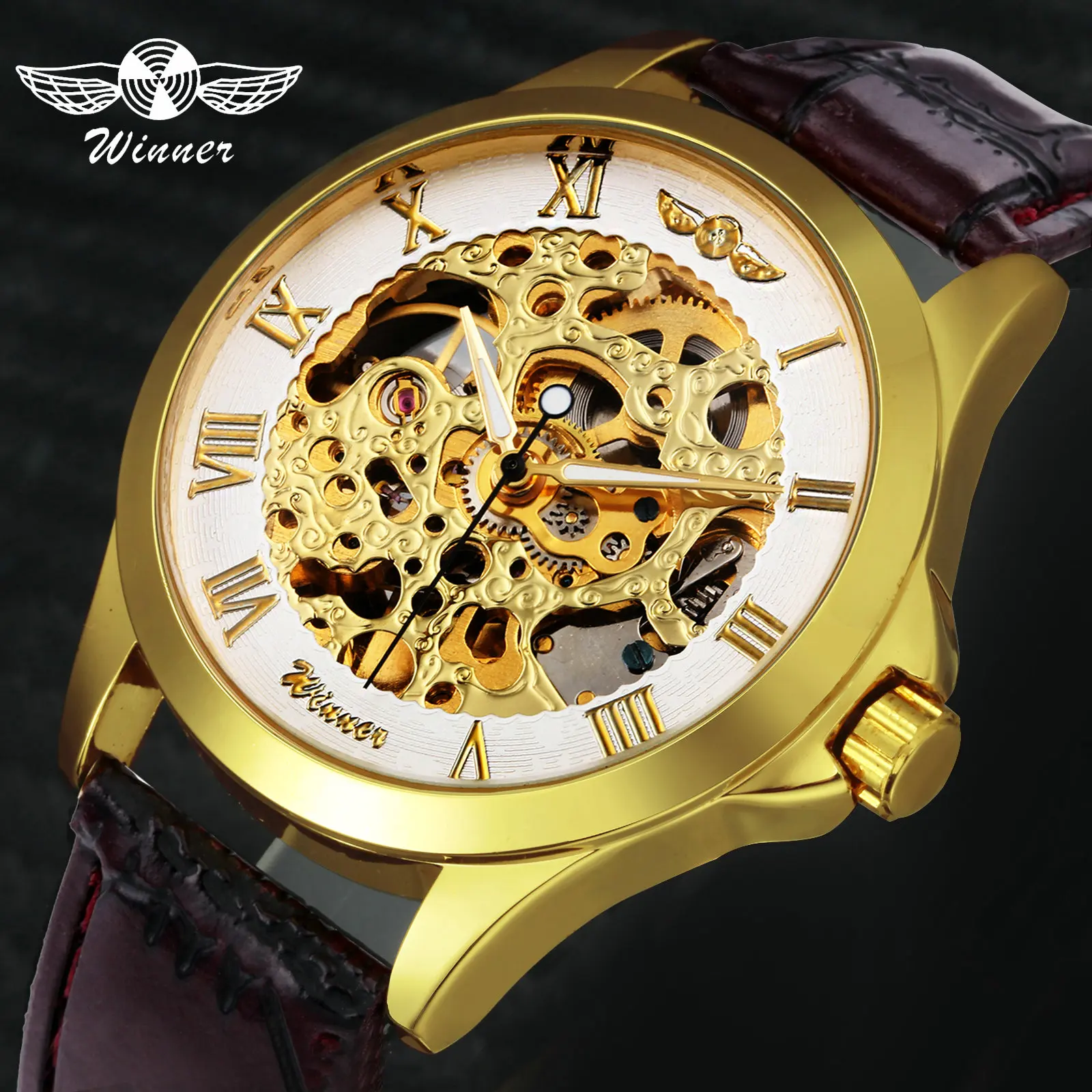 Женские автоматические механические часы с кожаным ремешком скелетом