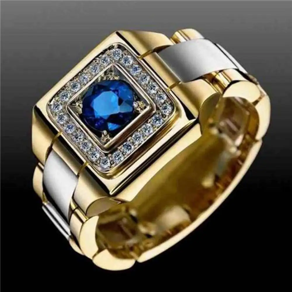 

Creative Watch Band Design Gold Color Two -tone Blue Stone Ring for Men Wedding Party Ring Elegant Jewelry