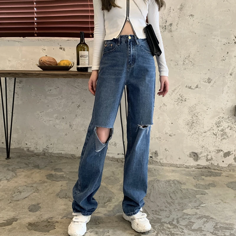 Корейские шикарные Элегантные Синие рваные джинсы с высокой талией женские
