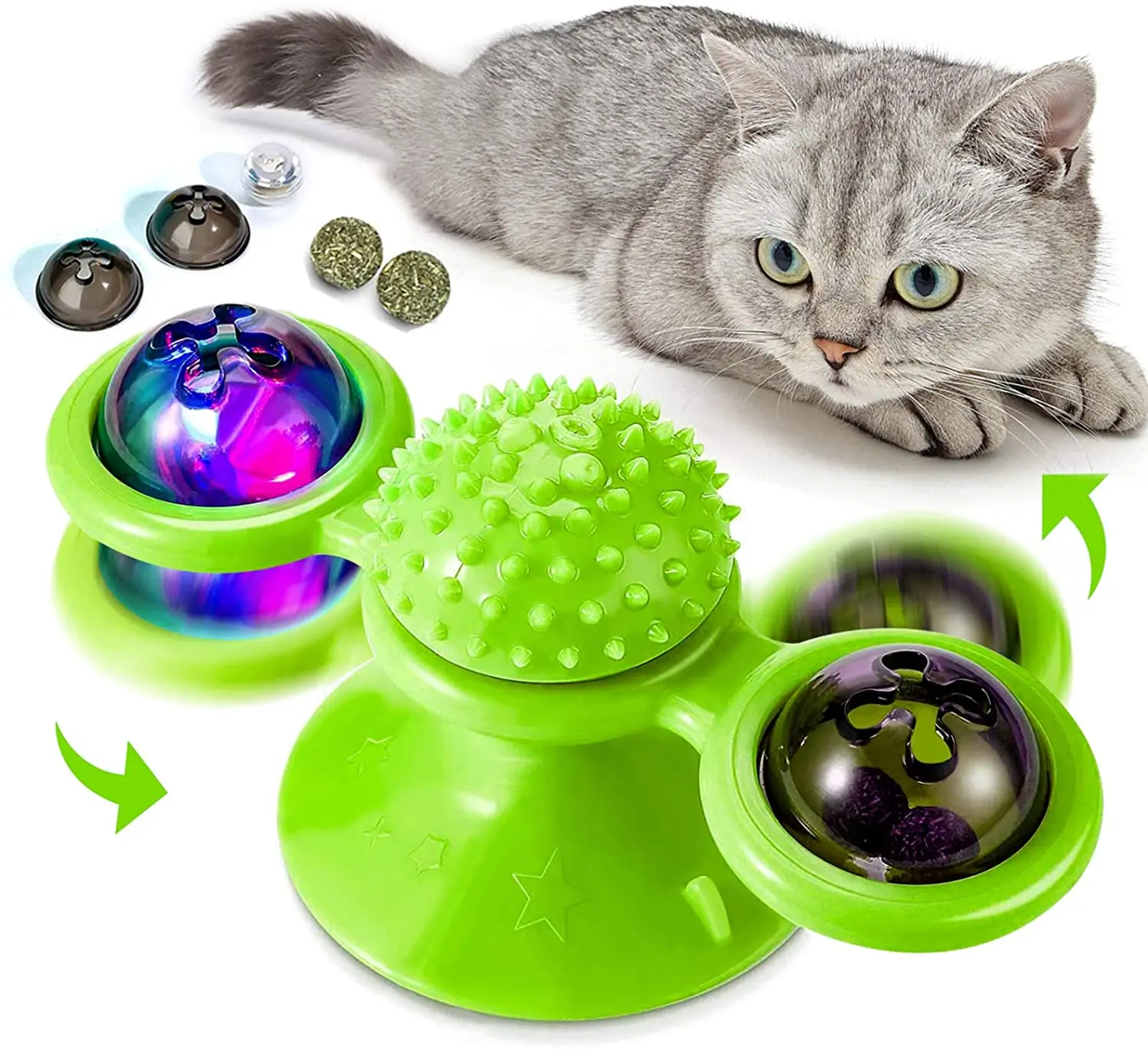 Interactive Cat Toy Windmill Whirling Turntable Play Game Toys Hair Brush Grooming Massage Suction Cup Cats Puzzle Training Toy