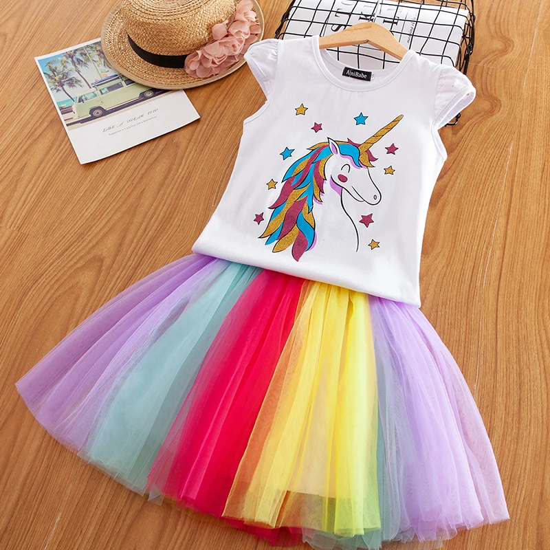 Единорог наборы для девочек 3 5 8 лет дети 2 шт. наряды Топы + мини юбка-пачка Одежда