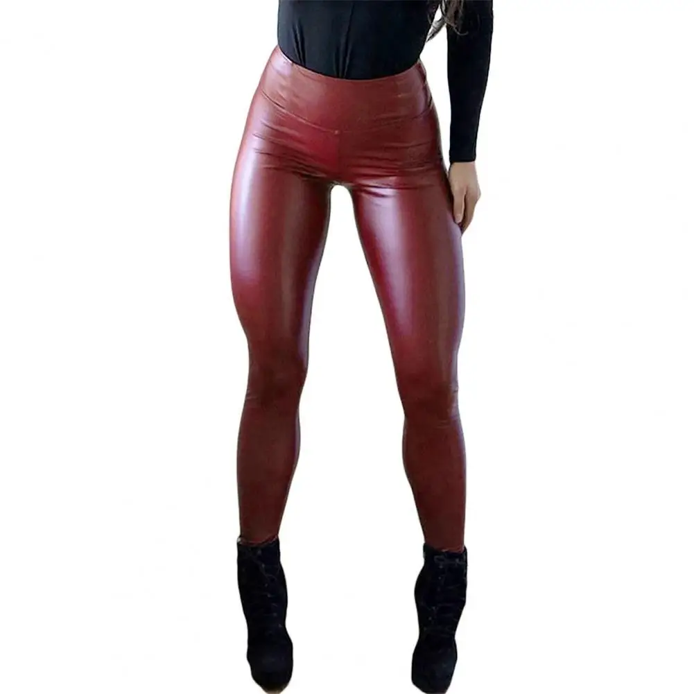 

Faux Leather Pants Elastic Waist Solid Color Women Windproof Trousers Women Leggings Trendy