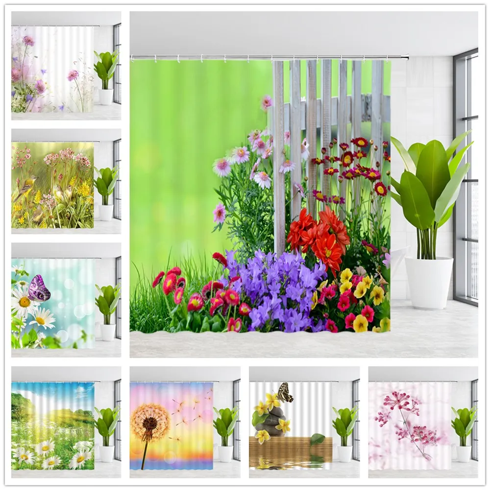 

Flower Landscape Shower Curtains Spring Floral Colorful Plant Butterfly Natural Scenery Bathroom Decor Cloth Hanging Curtain Set
