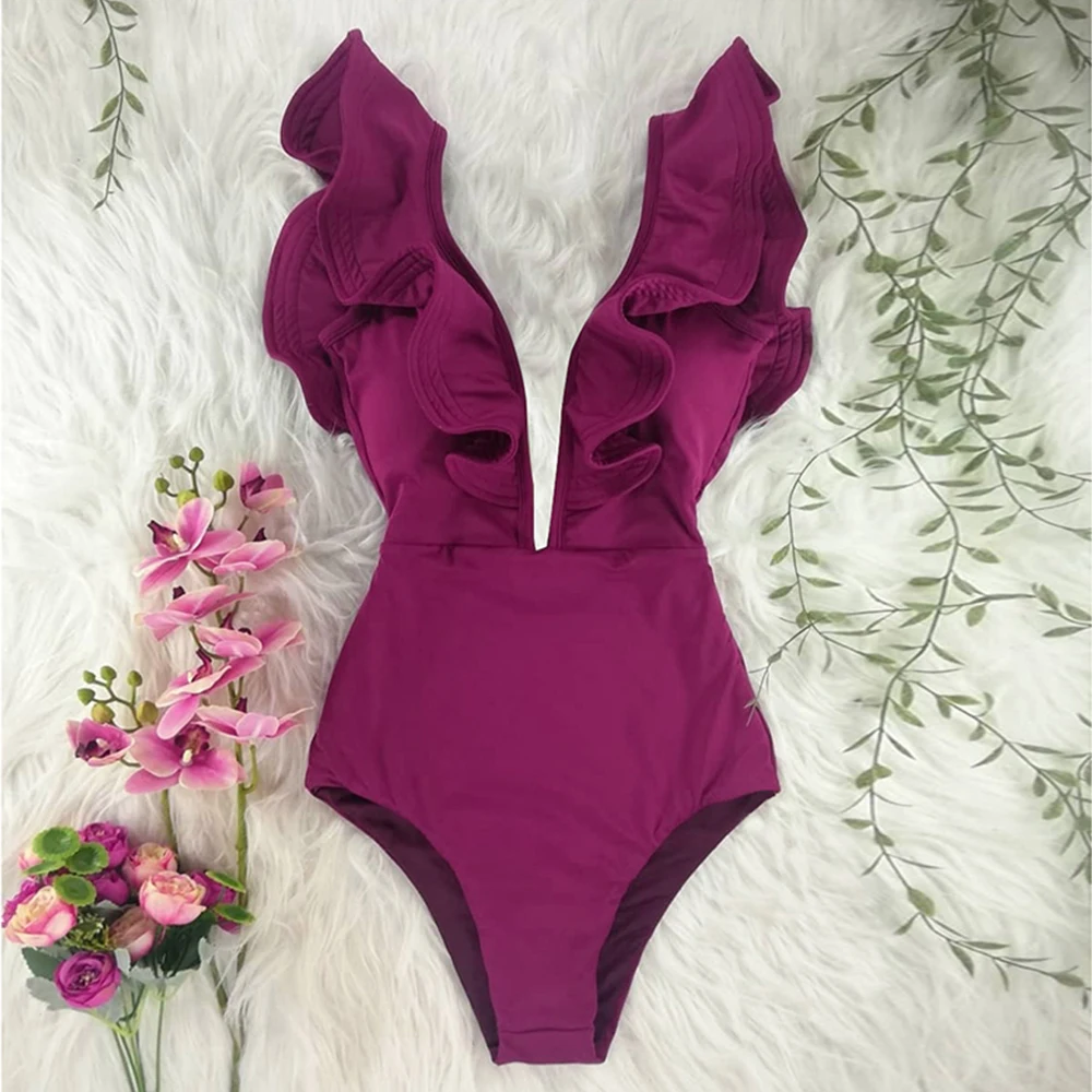 2021 New Print Swimwear Deep V-neck Ruffle Swimsuit Push Up One Piece Swimsuit Beach Wear Backless Monokini