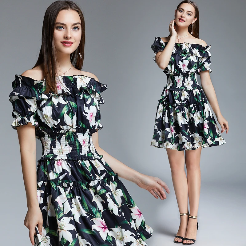 Летнее подиумное дизайнерское короткое платье с цветочным принтом лилии для