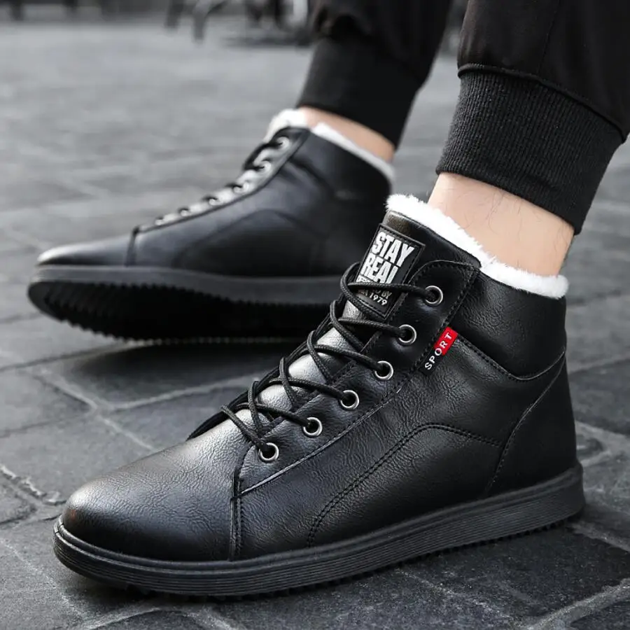 Мужские зимние кожаные ботинки черные теплые кроссовки до щиколотки Рабочая