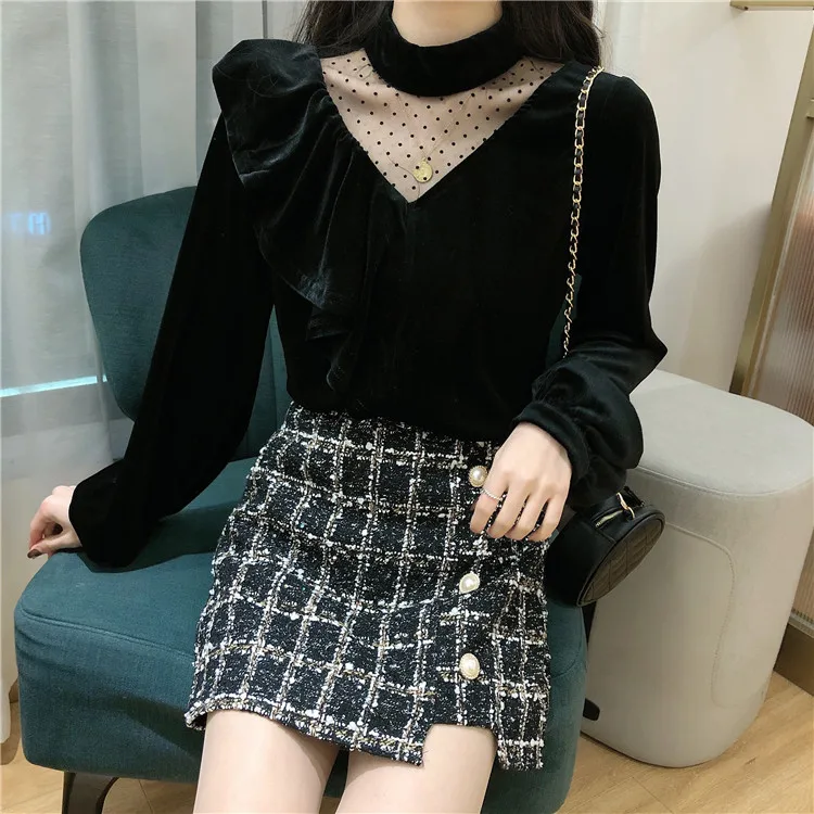 

autumn new Korean perspective mesh patchwork long sleeve o-neck ladies top fashion Blouses Women's Clothing ruffles black Shirts