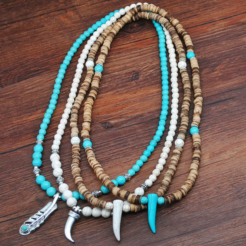 Винтажное ожерелье Howlite кулон в виде бычьего рога для мужчин Кокосовая бусина