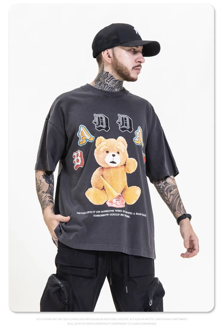 

High Street Men Women Hiphop Oversized T Shirt Heave Fabric Washed Cotton Clothing Wild Culture Bear Doll Anime Cartoon T Shirts