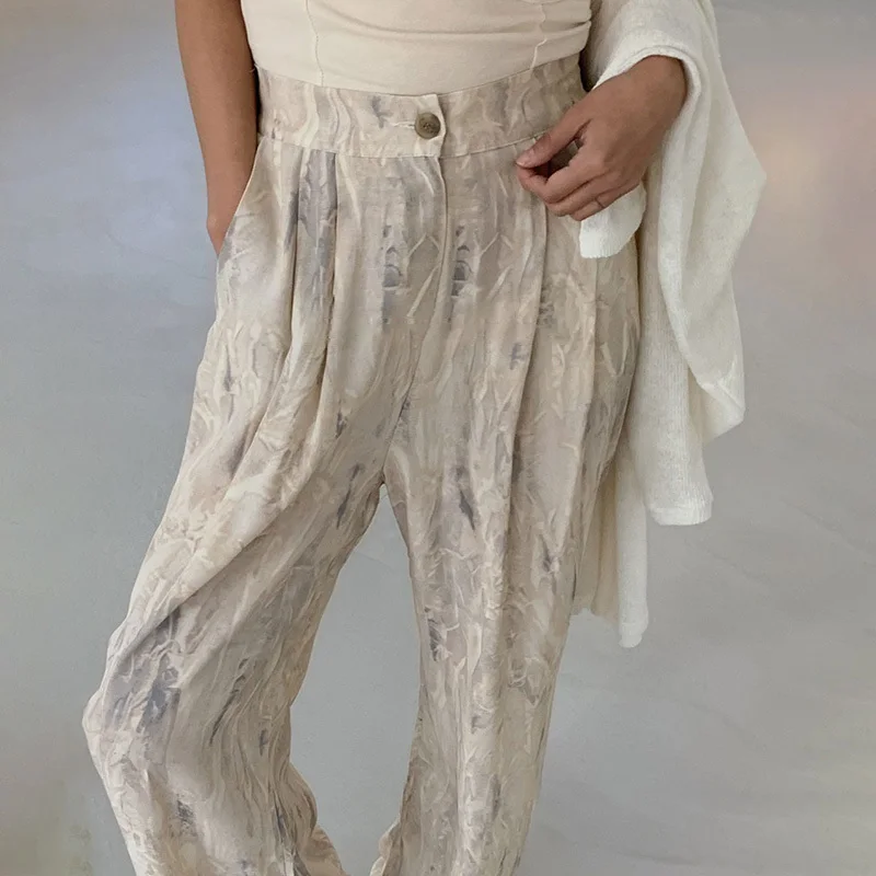 

VGH Casual Loose Print Trousers For Women High Waist Full Length Korean Wide Leg Pants Female 2021 Spring Fashion Clothing Style