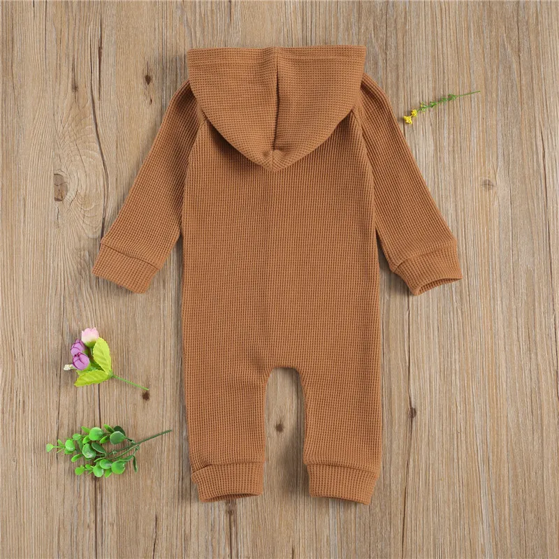 Newborn Baby Girl Boy Solid Waffle Pattern Rompe, Long Sleeve Front Single Breasted Hooded Jumpsuits Two Front Pockets images - 6