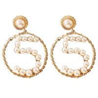 fashion women number 5 ribbon faux pearl large circle statement stud earrings