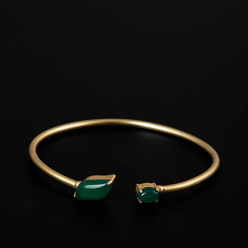 

Fashion 100% 925 sterling silver green jade oval gold open bracelet women style minimalist style boutique jewelry gift