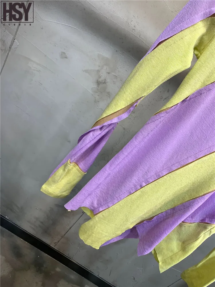 【HSY】2019 Autumn Winter New Women Elegance Top Irregularly Tailored Color Matching Long Sleeve O-neck T-shirt |