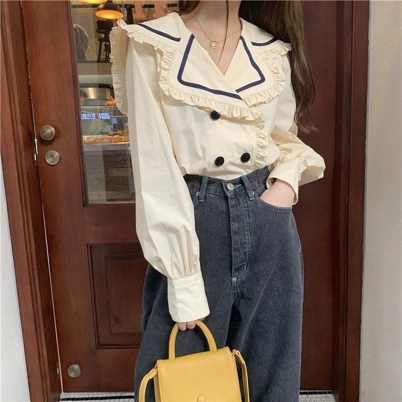 

Spring Autumn Fashion Elegant Ruffles Sailor Collar Casual Loose Tshirt Korean Style Kawaii Harajuku Female Tops Women's Clothes