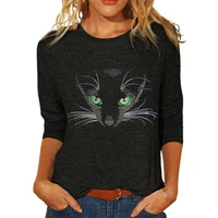 casual women autumn long sleeve round neck cats butterfly print blouse t shirt