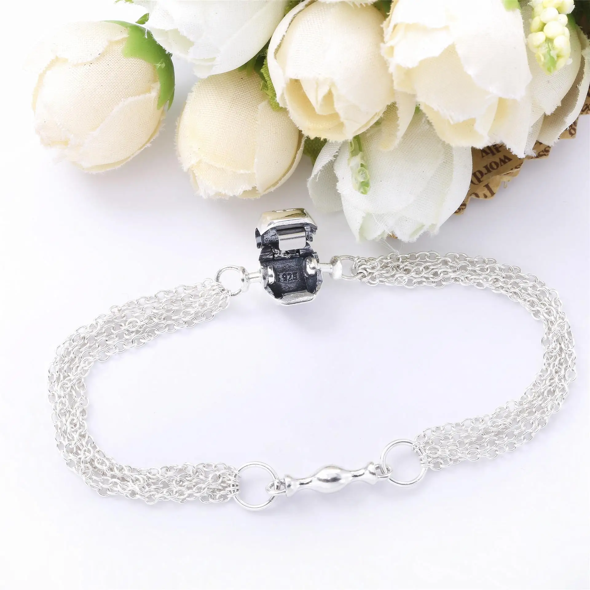 

100% 925 Sterling Silver Original Multi-Strand Europe Bracelet One Clip Station Fit Women Bead Charm Bangle Gift DIY Jewelry