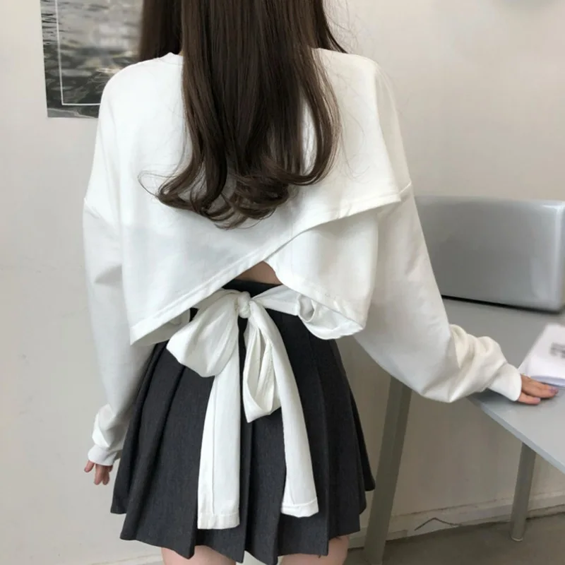 

Female Casual Long Sleeve Crop Tops Sweatshirt Teenager Girls Autumn Winter Korean Style T-Shirt Loose Open Back Pullover